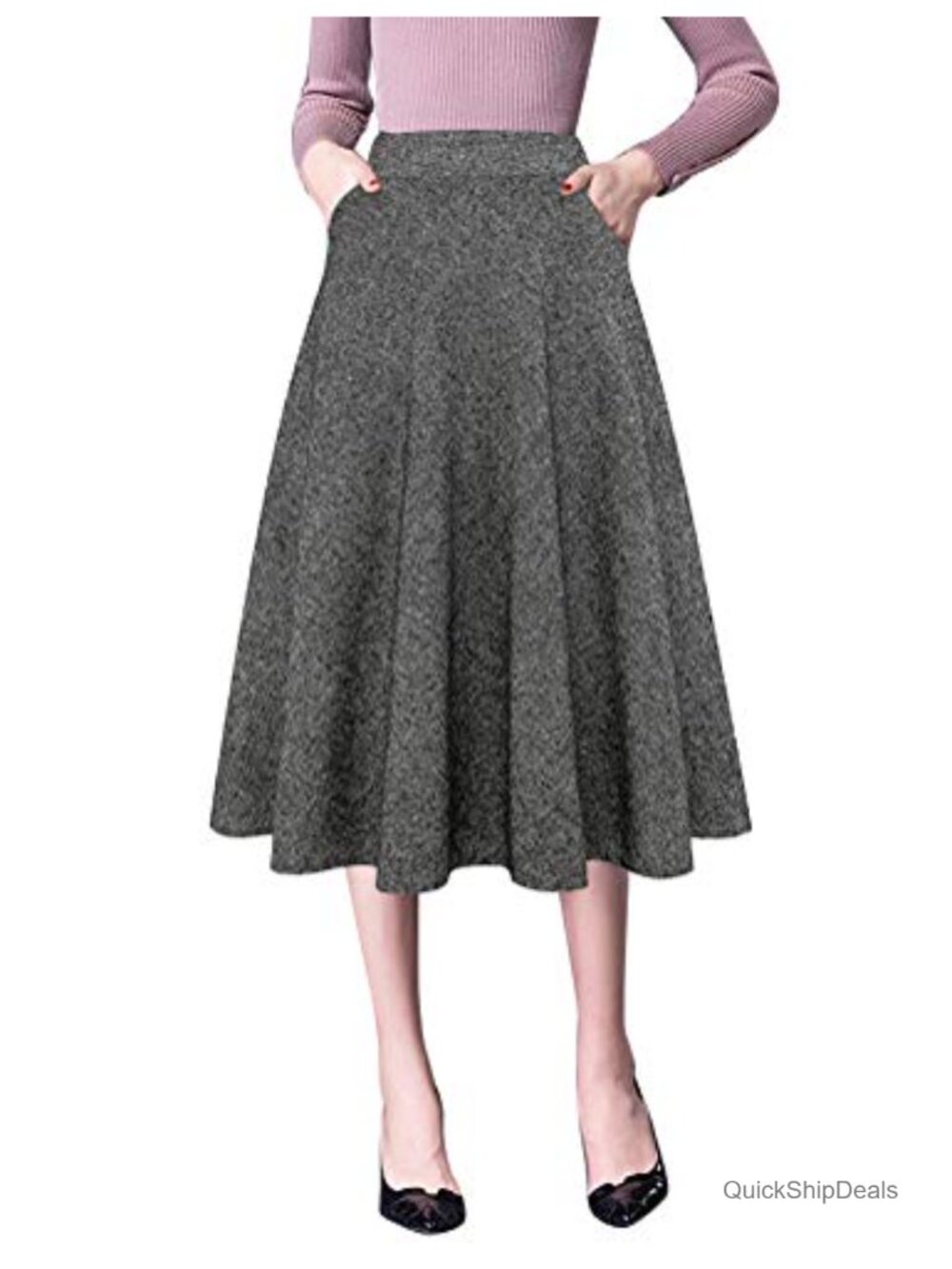 Woolen High Waist A-Line Pleated Midi Skirt